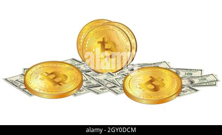 Scattered paper 100 us dollars banknotes and golden Bitcoin coins over cash money isolated on white. Pile of money and Bitcoin coin in realistic style Stock Vector