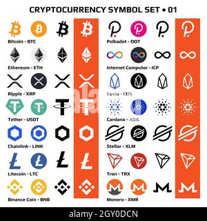 Set of isolated cryptocurrency symbols, digital coins icons in monochrome and color. Vector illustration. Stock Vector