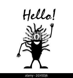 Silhouette of a funny one-eyed creature with a hand raised in greeting. The body is covered with long villi. Lettering Hello! Isolated vector on a whi Stock Photo