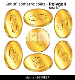 Set of gold coins Polygon MATIC in isometric view isolated on white. Vector illustration. Stock Photo