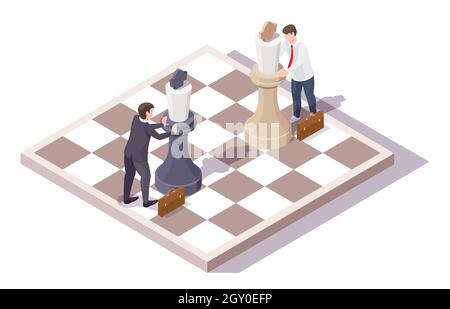 Businessman characters playing chess board game, vector isometric illustration. Business competition, war, fight concept Stock Vector