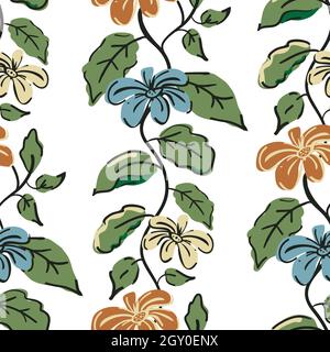 Trailing florals vector seamless pattern background. Arts and crafts style ochre, blue flowers, green foliage on white backdrop. Warm botanical repeat Stock Vector