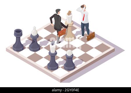 Loser and winner, businessman characters on chess board, vector isometric illustration. Business competition, fight. Stock Vector