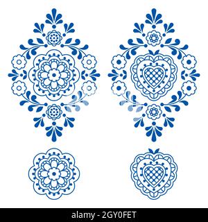Floral folk art outline vector motif set with flowers, leaves and heart, retro decorations inspired by lace and embroidery patterns, elegant design el Stock Vector