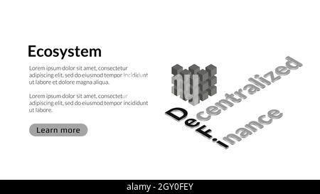 Defi decentralized finance, black and white isometric text with copy space. Page layout or template for banner or news. Ecosystem of financial applica Stock Vector