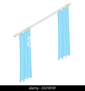 Isometric curtains with rings on the cornice. Light blue curtains. Room interior element. Vector EPS10. Stock Vector