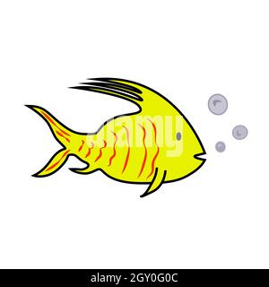 Yellow sea fish with a long upper fin and red stripes. Air bubbles. Isolated on white. Vector EPS10. Stock Vector