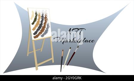 NFT marketplace auction non fungible tokens banner with easel and brushes isolated on white. New trend in collectibles sales. Pay for unique collectib Stock Vector