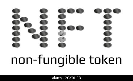 NFT word from coins non fungible token isolated on white. Pay for unique collectibles in games or art. Vector illustration. Stock Vector