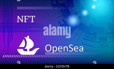 OpenSea text and logo internet platform NFT token market and auction on abstract colorful background. New trend in collectibles sales. Banner for news Stock Vector