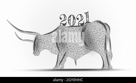 2021 symbol neon polygonal bull on light background. Vector illustration. Stock Vector