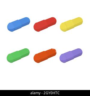 Collection of multi-colored pills. Powder in capsules. Dosed tablets pills. Flat cartoon. Isolated vector EPS10. Stock Vector