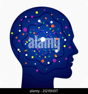 Neural network colorful synapses in the human head. Abstract scientific vector illustration of the person, related to brain biology, psychology, and imagination. Stock Vector