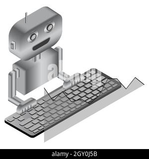 Simple isometric concept trading robot with keyboard and chart isolated on white. Automatic bot trading icon. Vector illustration. Stock Vector