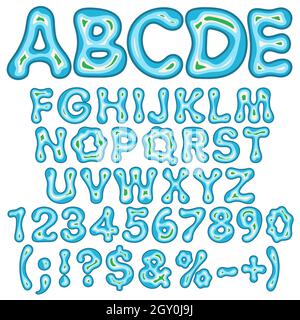 Alphabet, letters, numbers and signs in the form of an island in the sea. Isolated vector objects on white background. Stock Vector