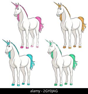 Set of colored multi-colored unicorns. Isolated vector objects on white background. Stock Vector