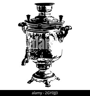 Samovar silhouette Isolated on white. Russian kettle works on firewood. Vector illustration. Stock Vector