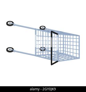 Lying grocery cart on wheels isolated on white. Fallen food basket made of wire. Vector EPS10. Stock Vector