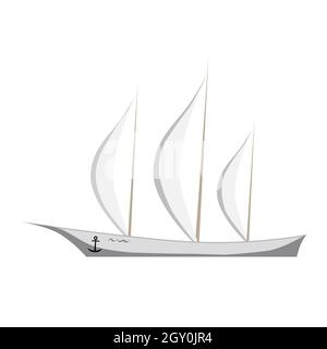 Elegant sailing yacht isolated on white. White sailboat. An anchor hangs on board. Tall masts with taut sails. Vector EPS10. Stock Photo