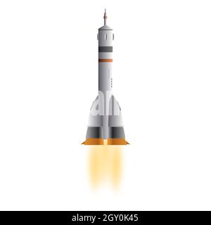 Long spaceship with flame from engines isolated on white. Flying rocket. Vector illustration. Stock Vector