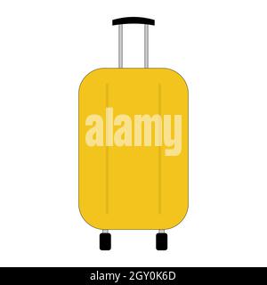Travel suitcase on wheels with a pulled out handle isolated on white. Yellow plastic modern travel suitcase for clothes. Vector EPS10. Stock Vector