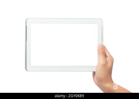 Male hand holding the white tablet pc computer with blank screen isolated on white background with clipping path Stock Photo