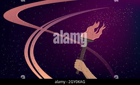Burning torch in hand in cartoon style on dark background. Sport banner. Vector illustration. Stock Vector