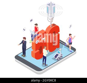 5g cell tower, people using mobile phone, laptop, smart watch on smartphone screen. 5g network mobile systems, vector. Stock Vector