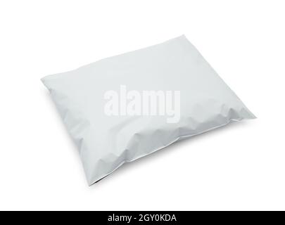 Blank white plastic bag package mockup template isolated on white background with clipping path. Stock Photo