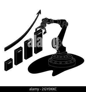 Silhouette automatic trading robot isometric concept with chart and upward arrow isolated on white. Vector illustration. Stock Vector