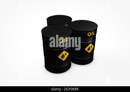 Group of black oil barrels isolated on white background, 3d illustration Stock Photo