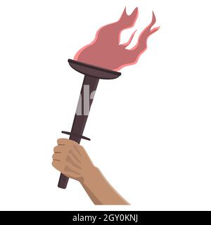 Burning torch in hand in cartoon style isolated on white. Design element. Vector illustration. Stock Vector