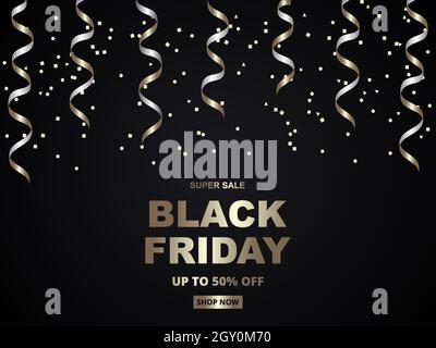 Black friday, festive banner template. Black friday luxury dark golden background with confetti. Sale up to 50 percent off. Stock Vector