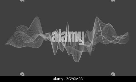 Dark grey translucent 3D wireframe wave structure, abstract visualization of audio sound waves or fragile fabric texture, format 16:9 4K UHD Stock Photo
