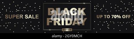 Black friday, festive wide banner template. Black friday luxury dark golden wide background with confetti. Sale up to 50 percent off. Stock Vector