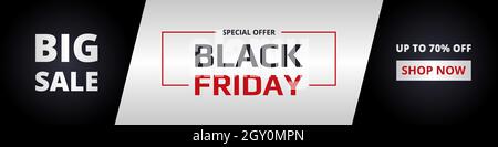 Black friday, wide banner. Black friday dark, silver and red vertical banner template. Big sale, special offer, up to 70 percent off. Stock Vector