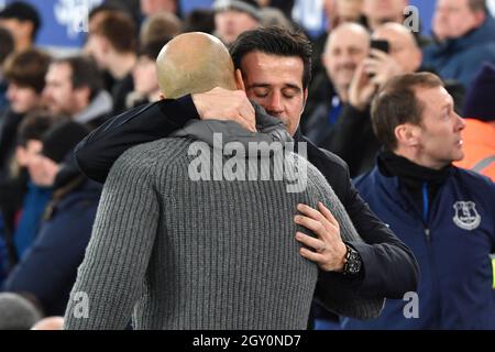 Everton manager Marco Silva greets Manchester City manager Pep Guardiola Stock Photo