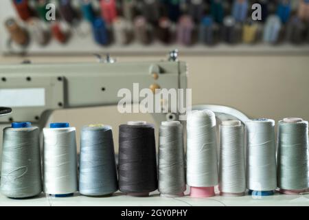 Several colored spools of thread for sewing and embroidery on a white wooden table. Stock Photo