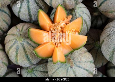 Cavaillon melon sold at a market stall on place Richelme in Aix-en-Provence, southern France Stock Photo