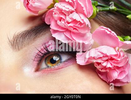 Closeup macro shot of human female eye. Woman with natural eyes beauty makeup. Pink carnation flowers on the temple. Stock Photo