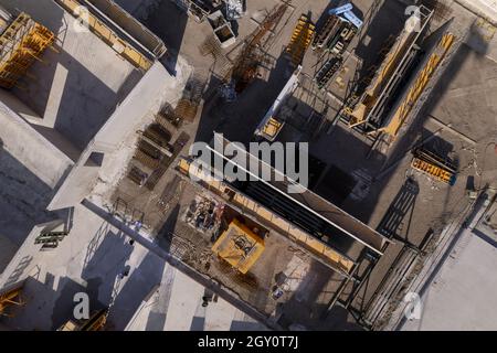 Top down aerial industrial view of building plot. Housing and urban management. Stock Photo