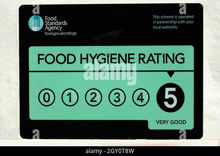 Food Standards Agency Food Hygiene Rating Scheme FHRS a café window sticker given five 5 star very good rating in relation to food & public health UK Stock Photo