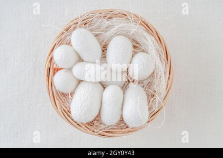 white silkworm cocoons shells, source of silk fabric in the basket on the cloth with copy space Stock Photo