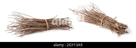 bundle of firewood, pieces of collected small dry tree branches or twigs, isolated in white background, different angle view Stock Photo