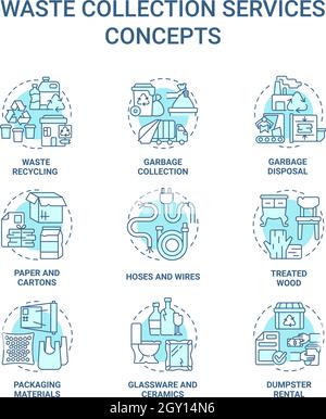 Waste collection services blue concept icons set Stock Vector