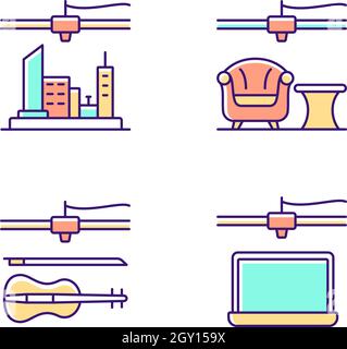 Three dimensional objects production RGB color icons set Stock Vector