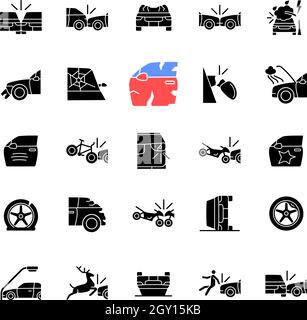 Car accident types black glyph icons set on white space Stock Vector