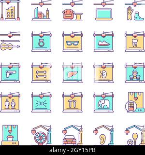 3d printing technology RGB color icons set Stock Vector