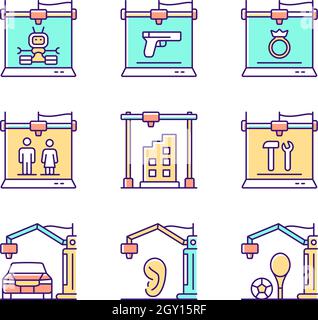 3d printing process RGB color icons set Stock Vector
