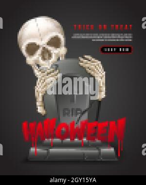Happy halloween 3D realistic skeleton skull hand and gravestone Stock Vector